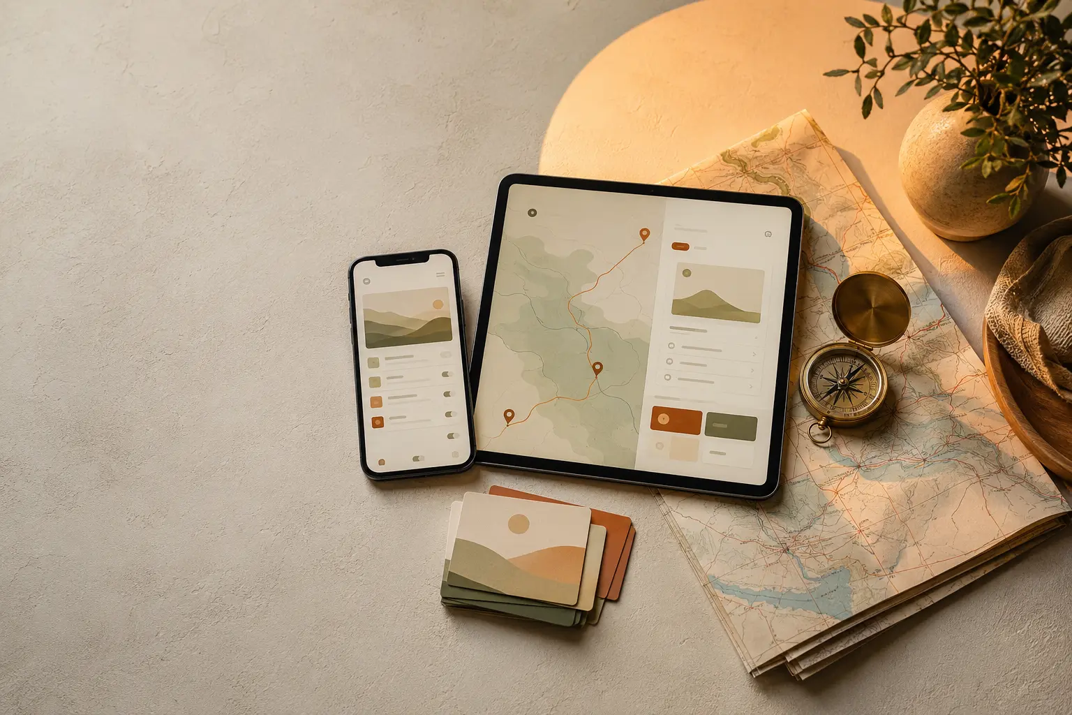 Focused & Full planning app beside a route map and compass