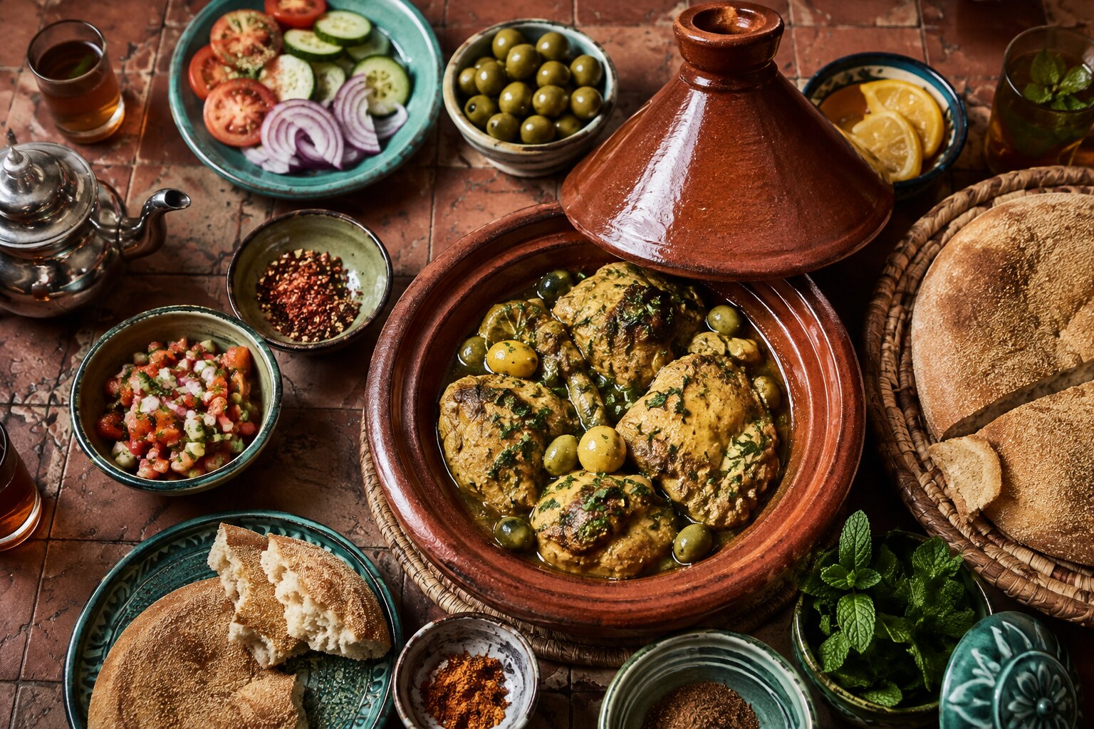 Moroccan tagine with bread, salads, olives and mint tea