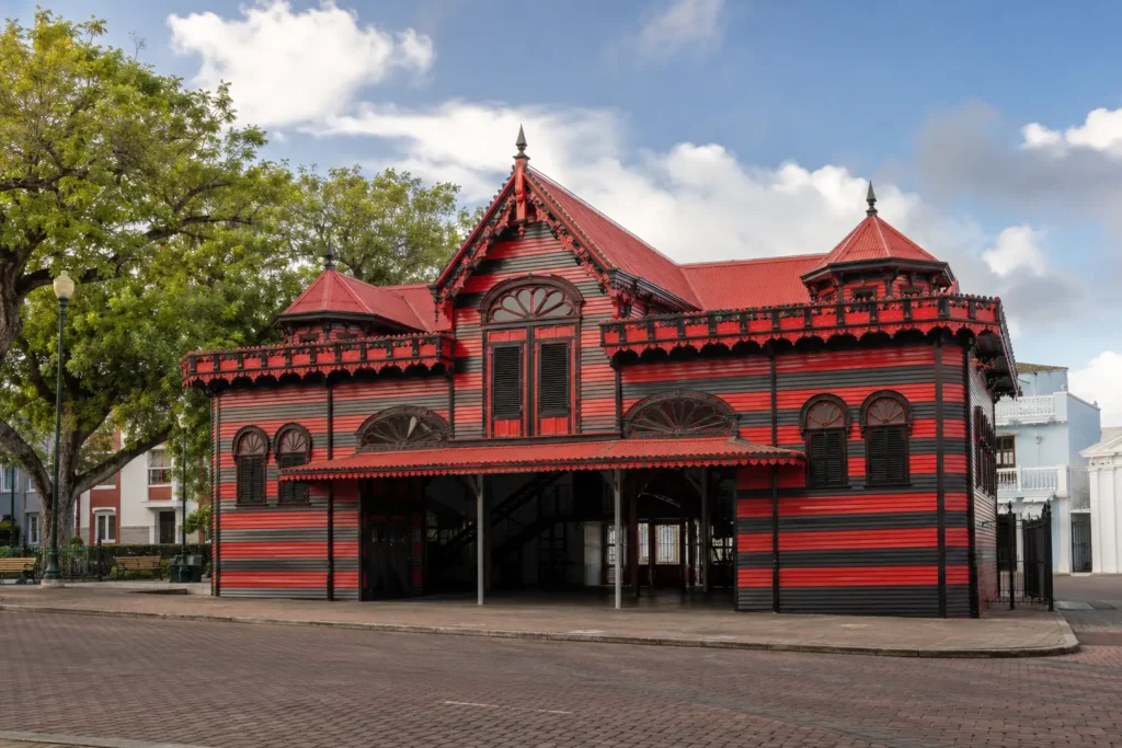 Red-and-black Parque de Bombas historic firehouse in Ponce, Puerto Rico