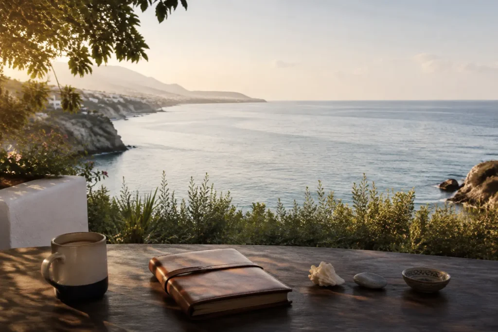 Shore living journal scene overlooking calm blue coastal water