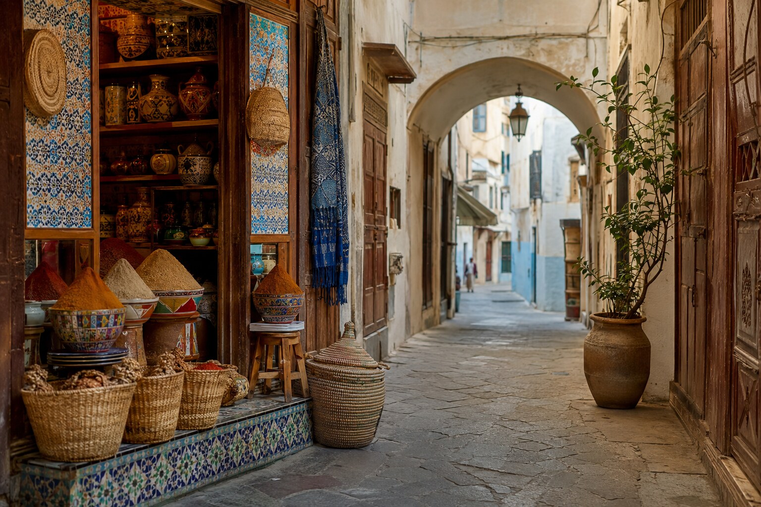 Tangier medina passage beside a spice and ceramics shop