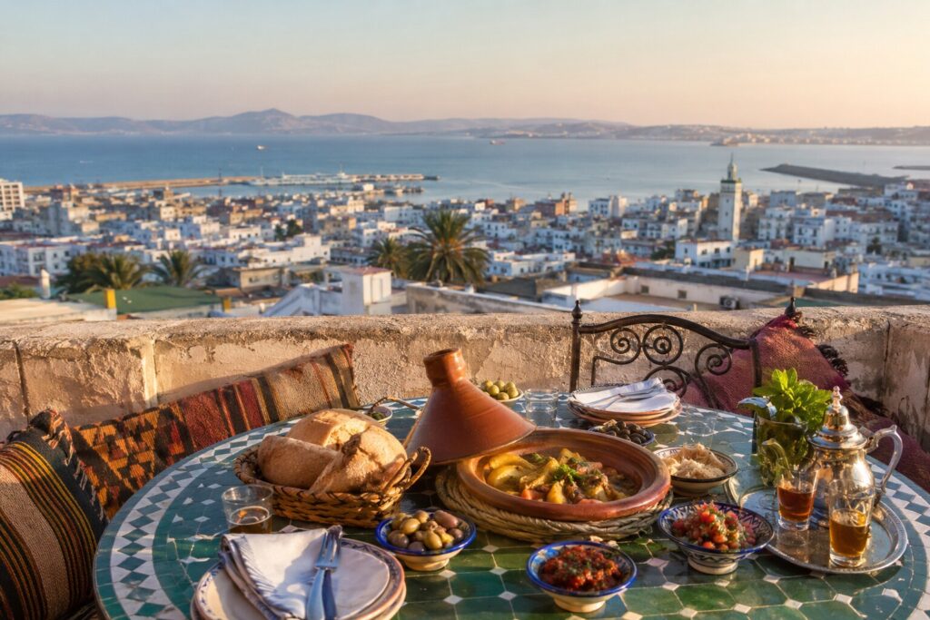 Tangier rooftop table overlooking the Strait — Three Shores Living