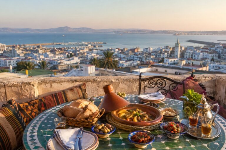 Tangier rooftop table overlooking the Strait — Three Shores Living